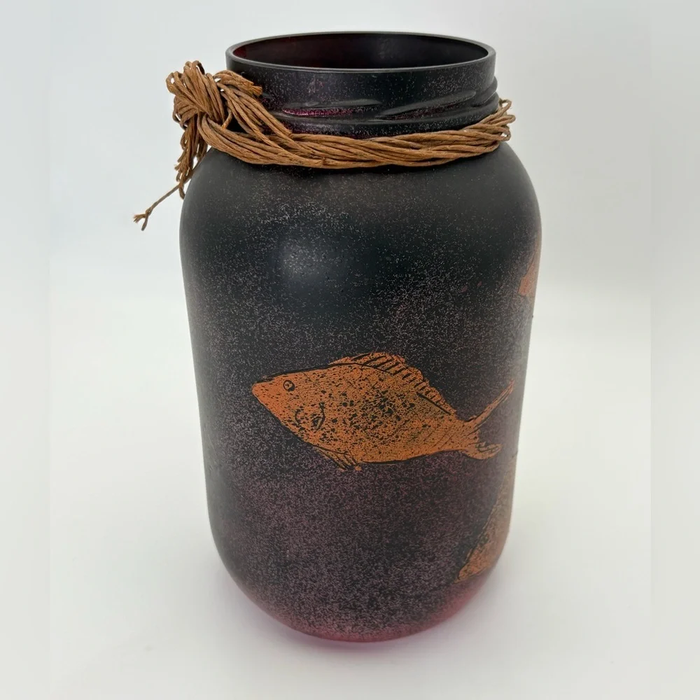 Decorative Black and Red Textured Jar/Vase with Orange Fish Design